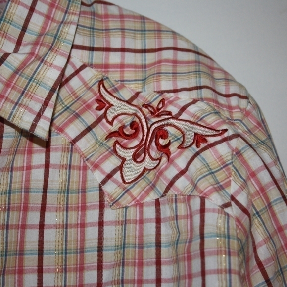 Panhandle Slim Pearl Snap cotton Button Down Large red gold neutrals - Picture 4 of 6